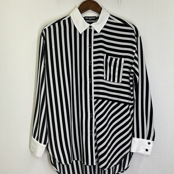 Karl Lagerfeld - Paris Stripes Hi Low Oversized Button Down Blouse Size Small - Picture 9 of 13